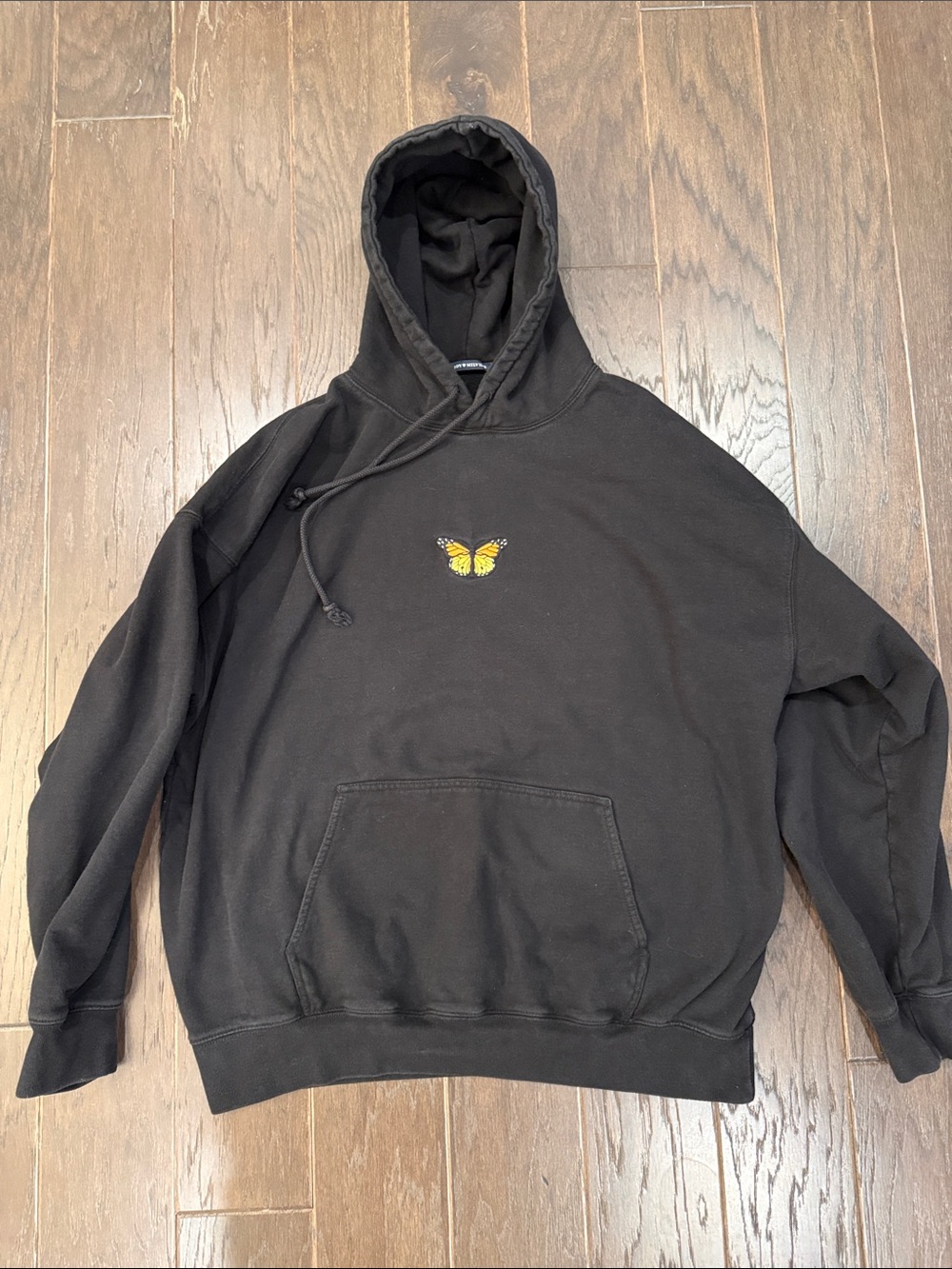 Brandy Melville Black Hoodie with Yellow Butterfly Chest Embroidery